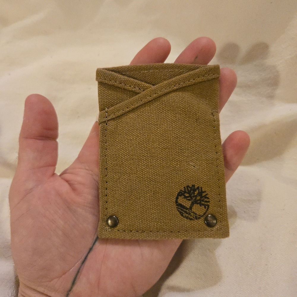 Timberland Wallet Card Holder Minimalist Slim Canvas Mens Tan Brown Logo Rivet